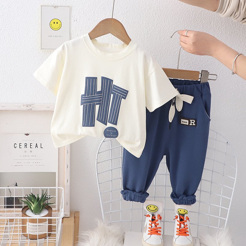 Summer Hot Selling Comfortable Cotton Round Neck Letter Printed Lace up solid color long pants Casual Boys set for Wholesale