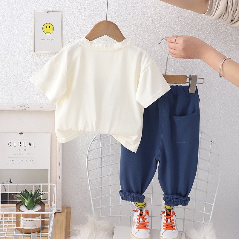 Summer Hot Selling Comfortable Cotton Round Neck Letter Printed Lace up solid color long pants Casual Boys set for Wholesale