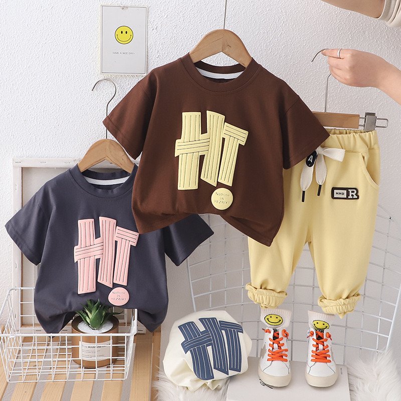 Summer Hot Selling Comfortable Cotton Round Neck Letter Printed Lace up solid color long pants Casual Boys set for Wholesale