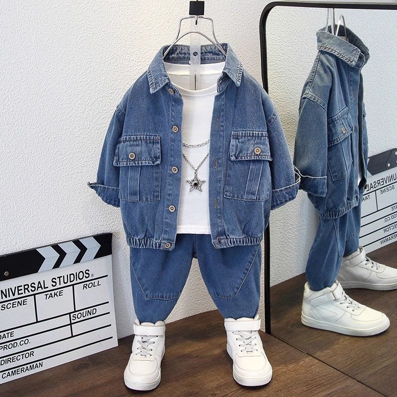 Hot Sale Boys Dark Gray Denim Jacket Pant 2PCS/Set Big Kids Denim jacket Jeans For Age 2-10 years