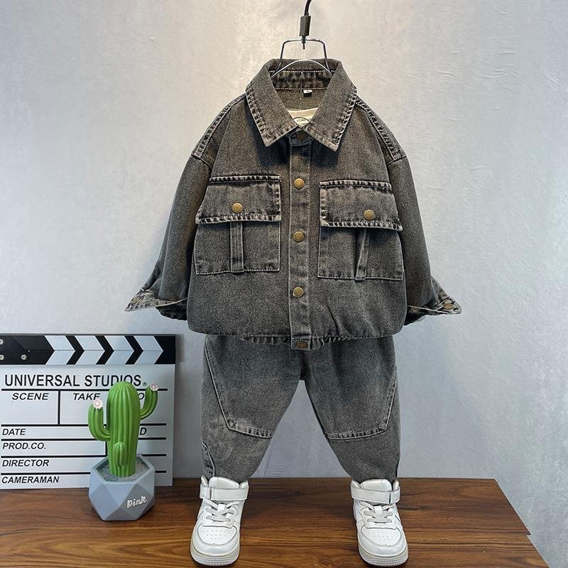 Hot Sale Boys Dark Gray Denim Jacket Pant 2PCS/Set Big Kids Denim jacket Jeans For Age 2-10 years