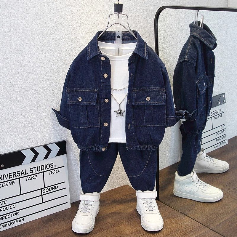 Hot Sale Boys Dark Gray Denim Jacket Pant 2PCS/Set Big Kids Denim jacket Jeans For Age 2-10 years