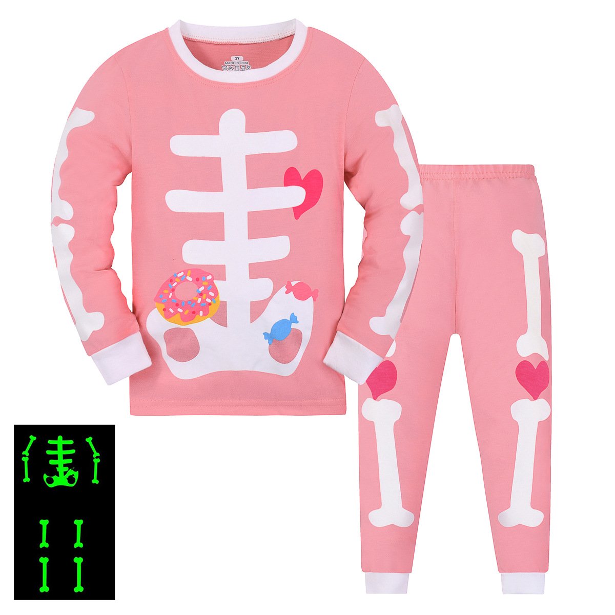 Custom kids long sleeve pullover trousers two-piece home wear suits cotton skeletal print Halloween boys clothing set