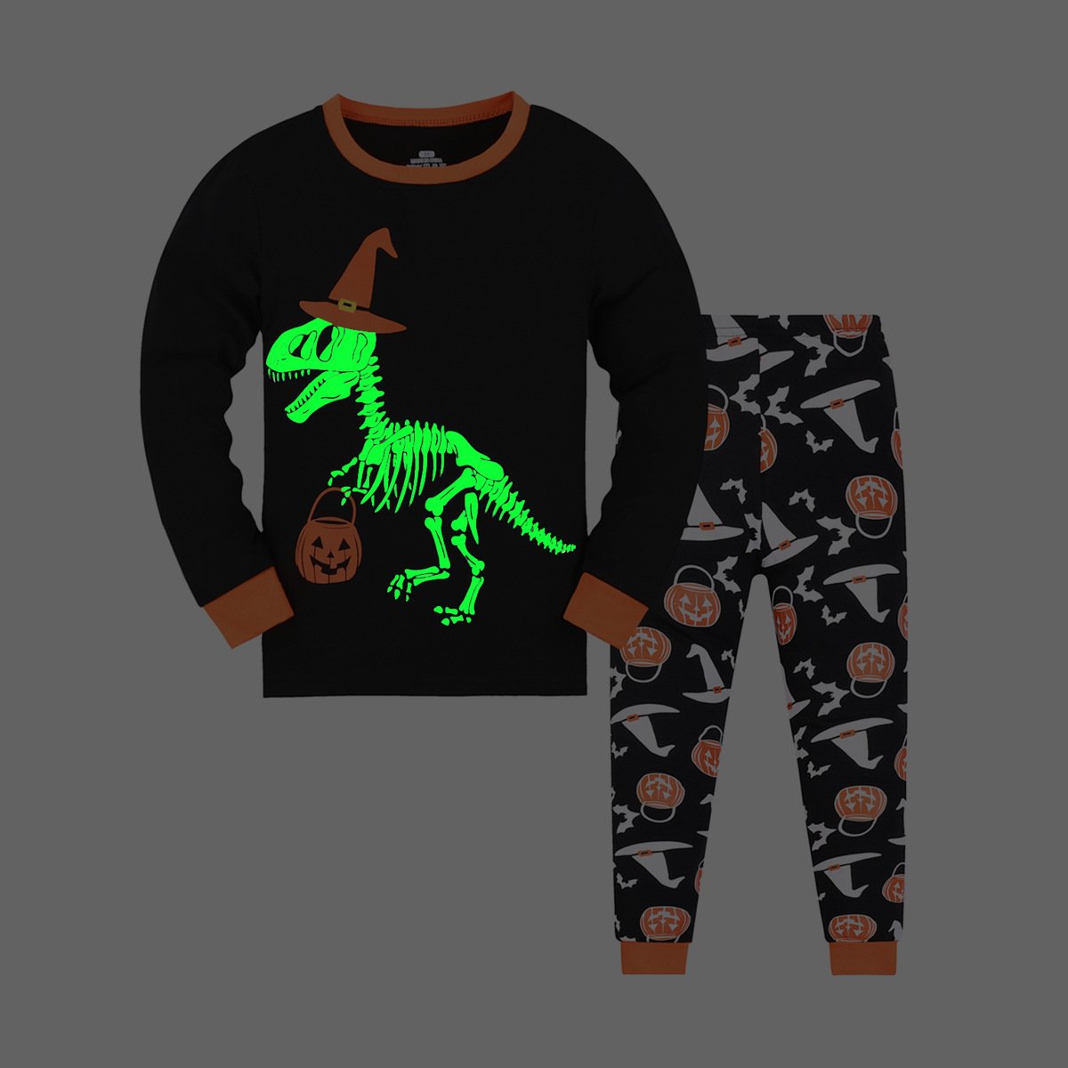 Custom kids long sleeve pullover trousers two-piece home wear suits cotton skeletal print Halloween boys clothing set