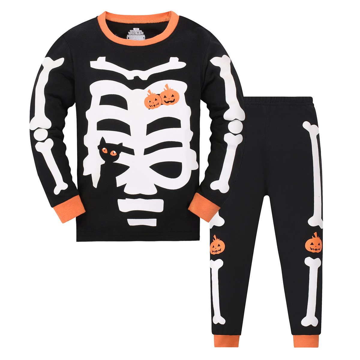 Custom kids long sleeve pullover trousers two-piece home wear suits cotton skeletal print Halloween boys clothing set