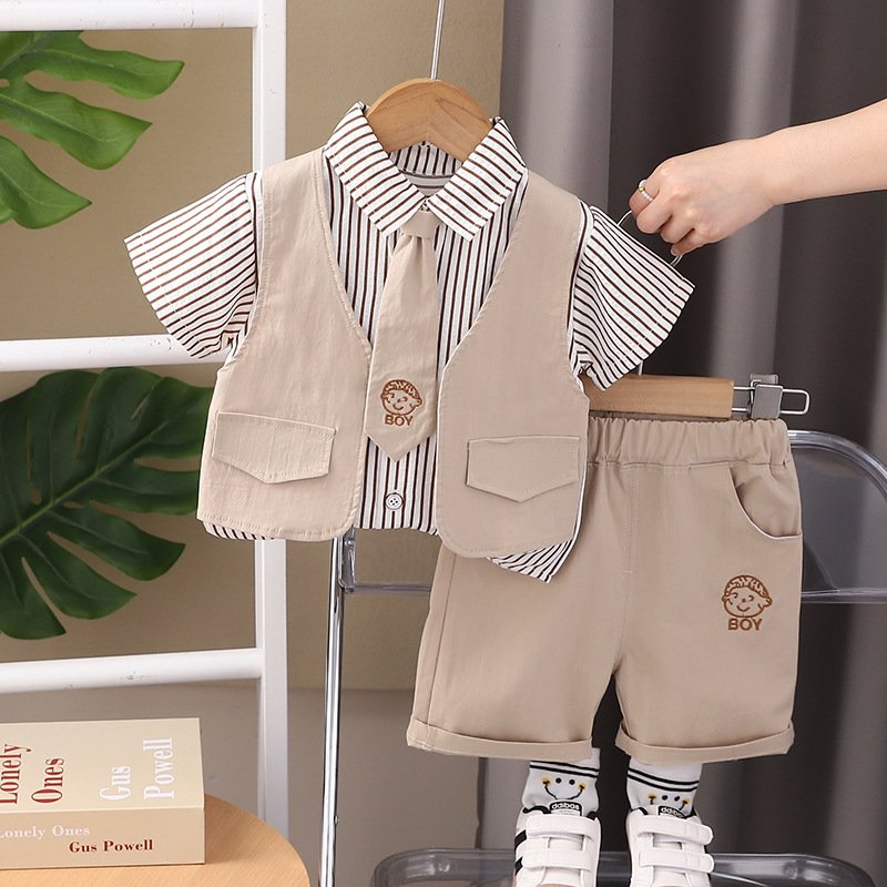Wholesale 2024 New Design School Kids Clothes Suit Smart Casual Plaid Shirts Two Pieces Children Boy Clothing Sets Toddlers