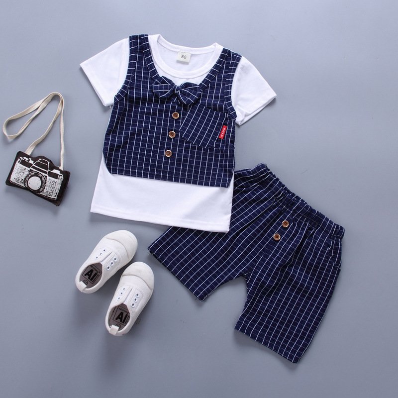 Wholesale 2024 New Design School Kids Clothes Suit Smart Casual Plaid Shirts Two Pieces Children Boy Clothing Sets Toddlers