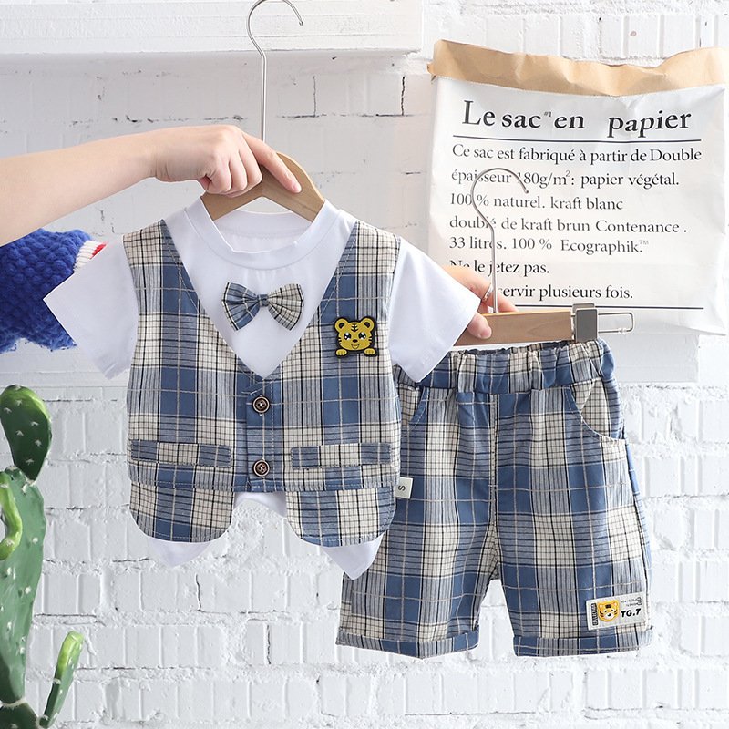 Wholesale 2024 New Design School Kids Clothes Suit Smart Casual Plaid Shirts Two Pieces Children Boy Clothing Sets Toddlers