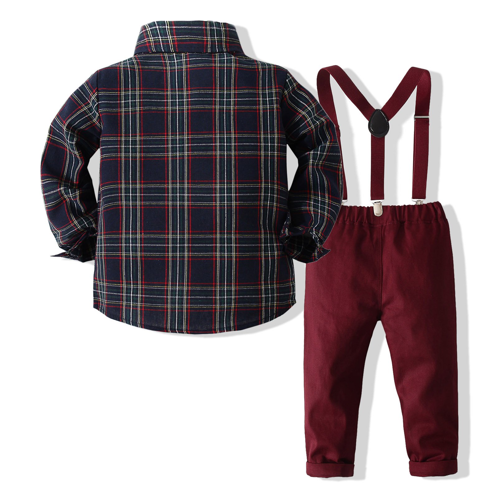 Boys Autumn Suit Dress Two Piece Set Long Sleeve Plaid Shirt Strap Pants Gentleman Banquet Dress Christmas Festival Dress