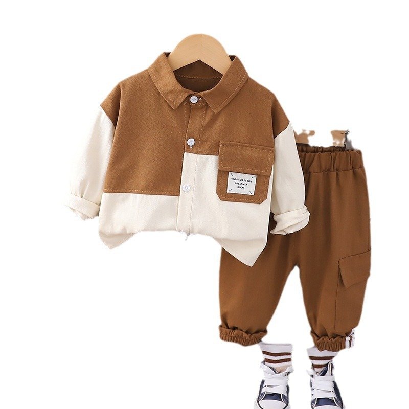 2024 Autumn New Boys Kids Clothing Set 3-4 Years Old Patchwork Pockets Letter Shirt Trousers 2Pcs Children Clothing Sets
