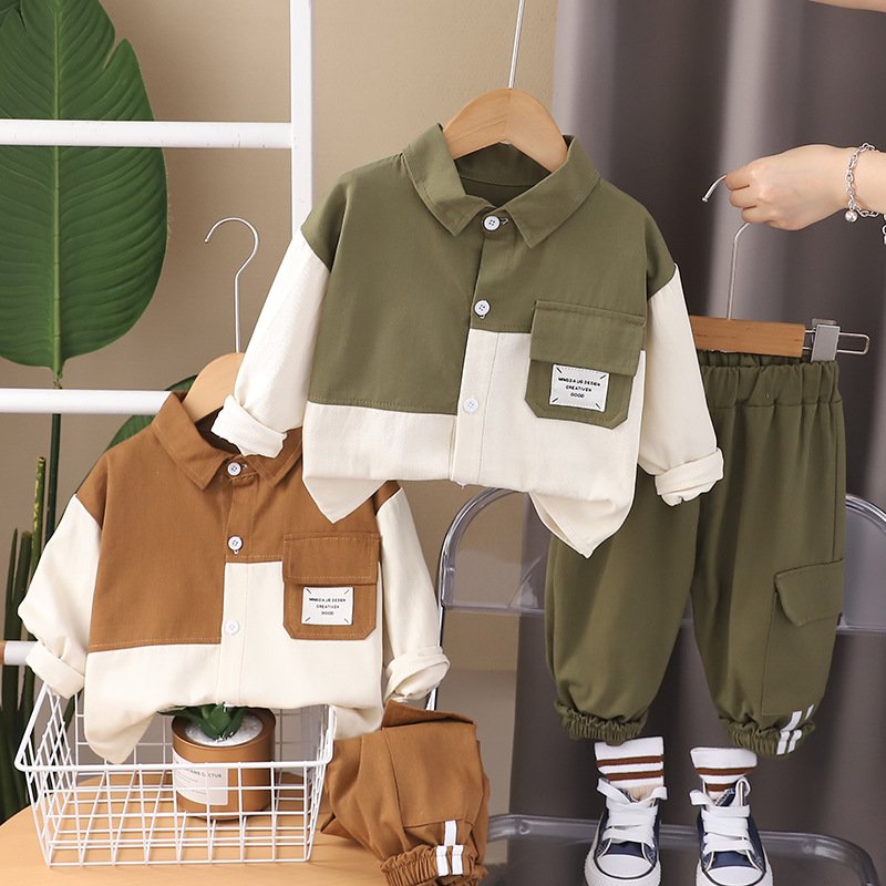 2024 Autumn New Boys Kids Clothing Set 3-4 Years Old Patchwork Pockets Letter Shirt Trousers 2Pcs Children Clothing Sets