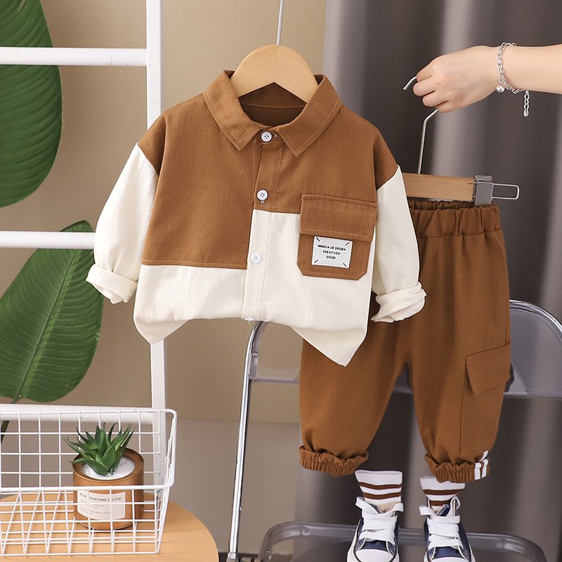 2024 Autumn New Boys Kids Clothing Set 3-4 Years Old Patchwork Pockets Letter Shirt Trousers 2Pcs Children Clothing Sets