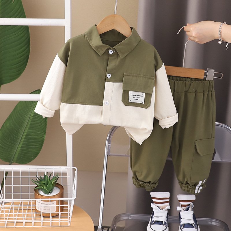 2024 Autumn New Boys Kids Clothing Set 3-4 Years Old Patchwork Pockets Letter Shirt Trousers 2Pcs Children Clothing Sets