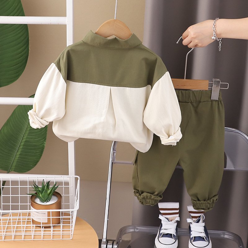 2024 Autumn New Boys Kids Clothing Set 3-4 Years Old Patchwork Pockets Letter Shirt Trousers 2Pcs Children Clothing Sets