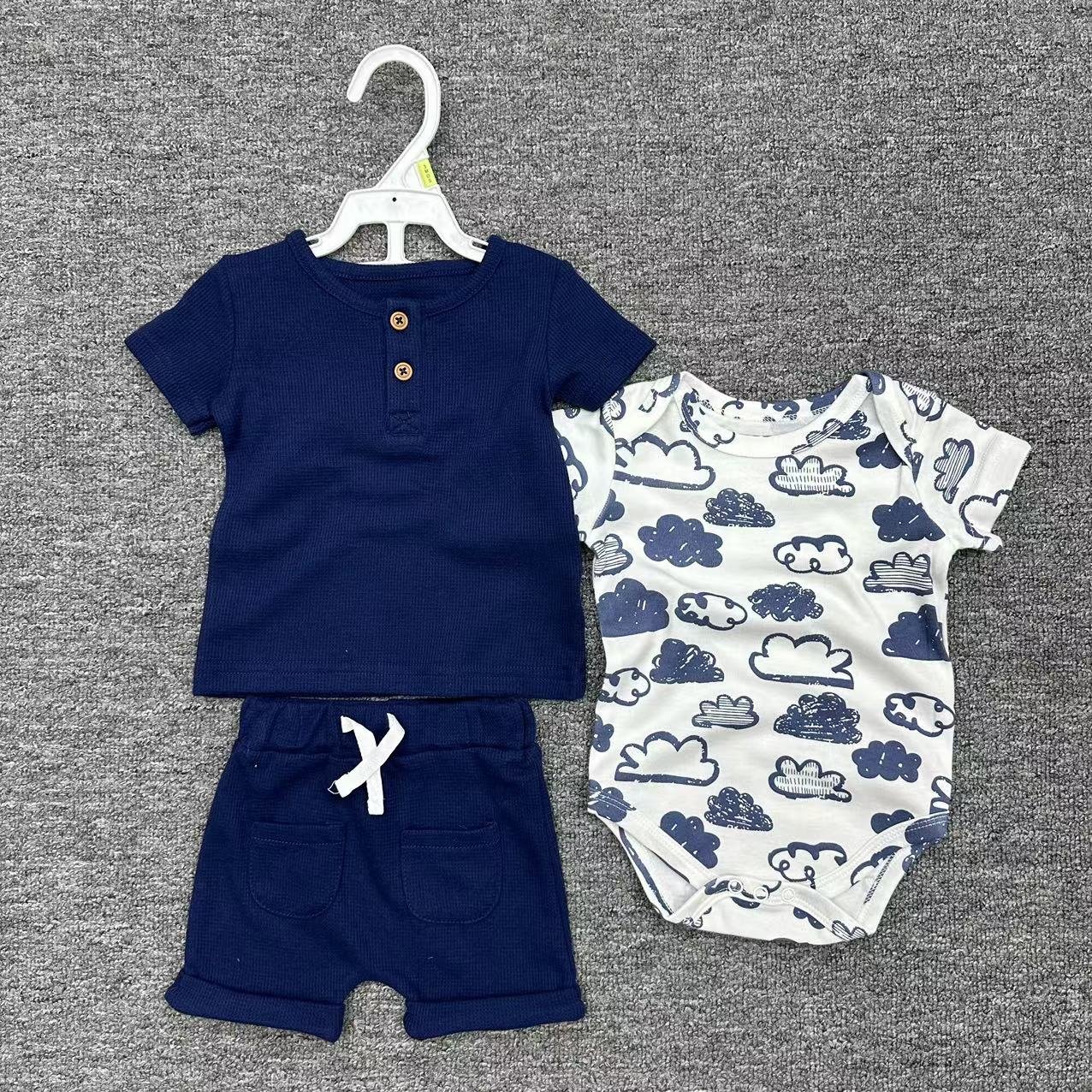 Summer 3pcs Baby Boy Romper Set Wholesale Newborn Short Sleeve Bodysuit With Shorts And T-Shirt Kids Set