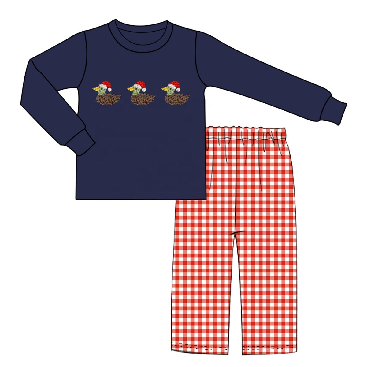 Customized Kids Christmas Matching outfits Wholesale French knot Mallard Duck Toddler Boys Cute Smocked Clothing sets