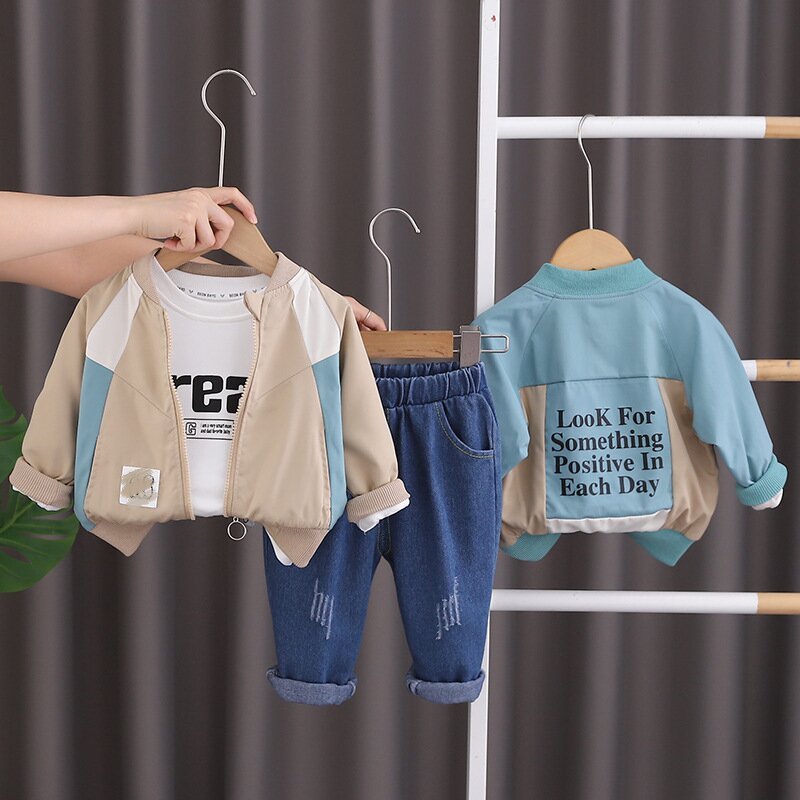 2024 New Design Children Clothes Patchwork Stand-up Collar Jacket with Lettering Inside and Denim Trousers Boys Clothing Sets