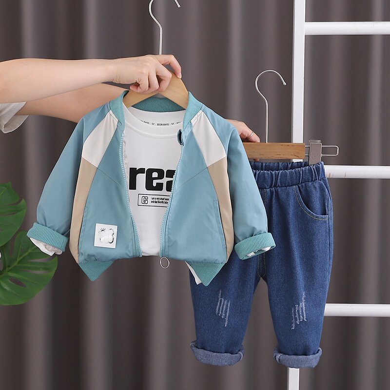 2024 New Design Children Clothes Patchwork Stand-up Collar Jacket with Lettering Inside and Denim Trousers Boys Clothing Sets