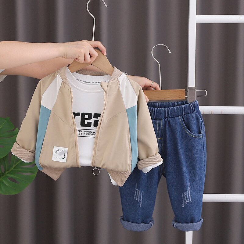 2024 New Design Children Clothes Patchwork Stand-up Collar Jacket with Lettering Inside and Denim Trousers Boys Clothing Sets