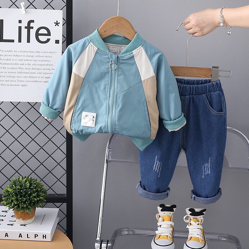 2024 New Design Children Clothes Patchwork Stand-up Collar Jacket with Lettering Inside and Denim Trousers Boys Clothing Sets