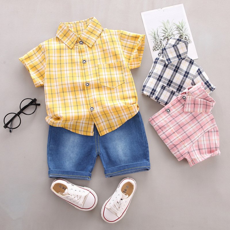 Kids Wear Wholesale Children Clothes Cotton Striped Shirt Denim Shorts Set Kid Sweat Suit Toddler Boys Clothing Sets