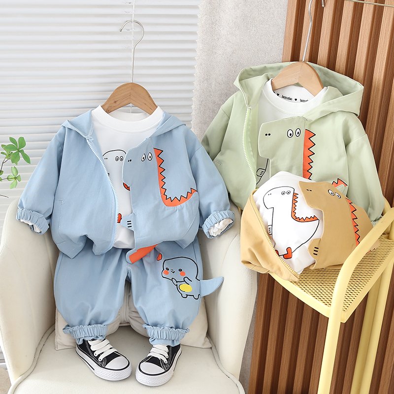 2024 Kids Clothes Stock Cartoon Dinosaur Print Long-sleeved Jacket T Shirts Trousers Sports Three-piece Boy Clothing Sets