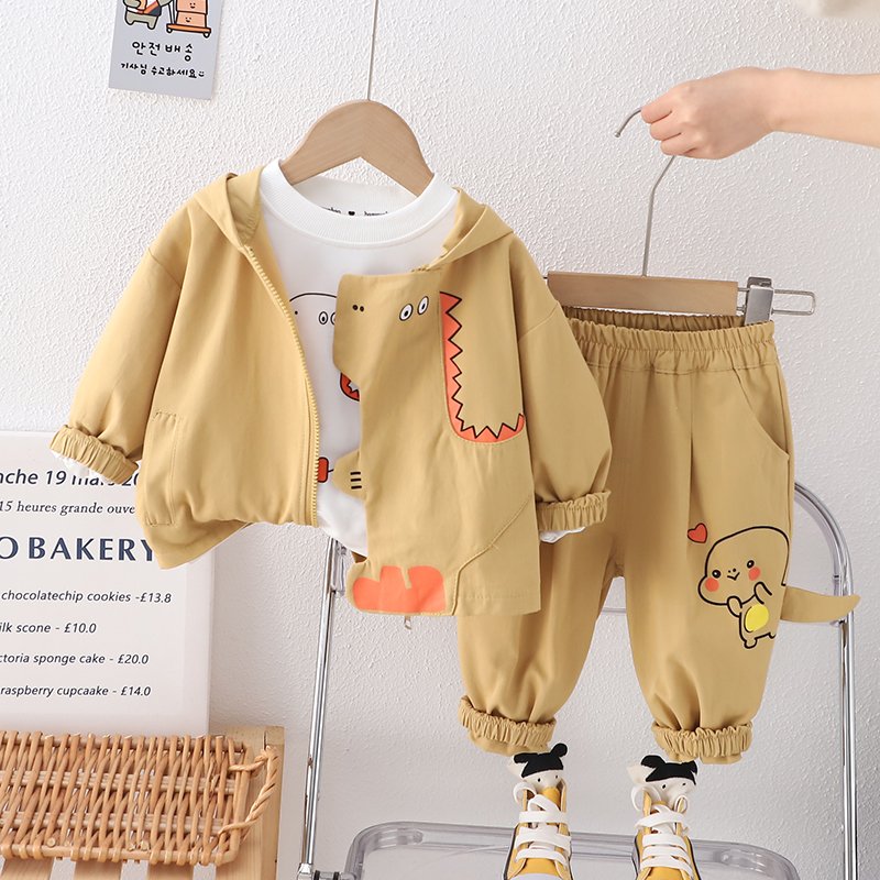 2024 Kids Clothes Stock Cartoon Dinosaur Print Long-sleeved Jacket T Shirts Trousers Sports Three-piece Boy Clothing Sets
