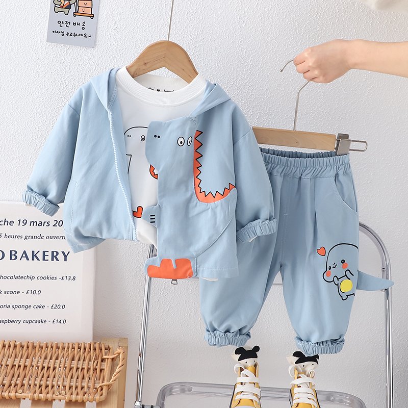 2024 Kids Clothes Stock Cartoon Dinosaur Print Long-sleeved Jacket T Shirts Trousers Sports Three-piece Boy Clothing Sets