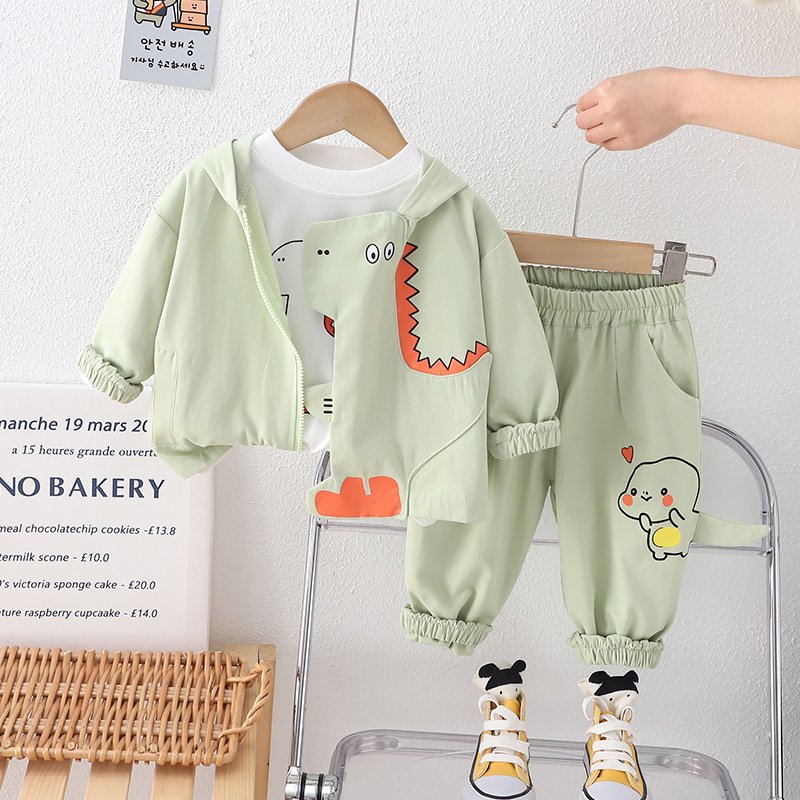 2024 Kids Clothes Stock Cartoon Dinosaur Print Long-sleeved Jacket T Shirts Trousers Sports Three-piece Boy Clothing Sets