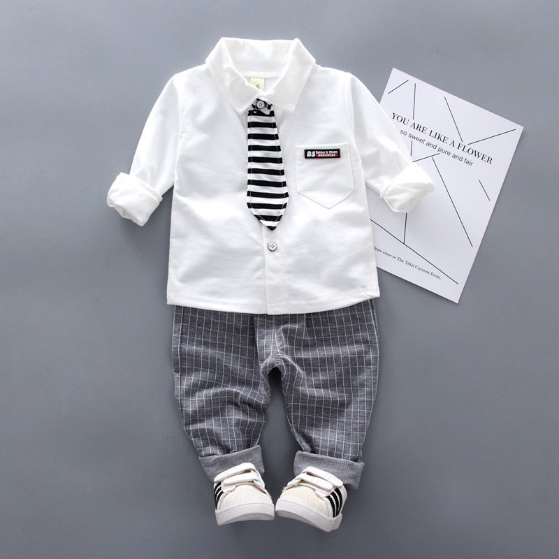 Casual Two-Piece Set for Small and Medium Boys Spring New handsome Shirt Dress Solid Pattern Baby Clothes