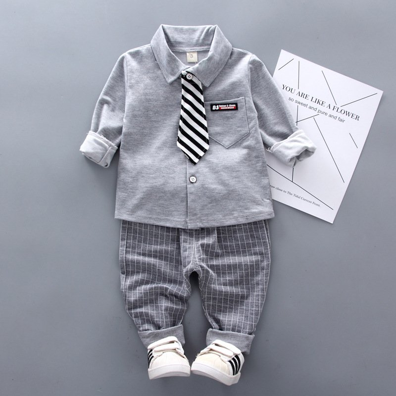 Casual Two-Piece Set for Small and Medium Boys Spring New handsome Shirt Dress Solid Pattern Baby Clothes