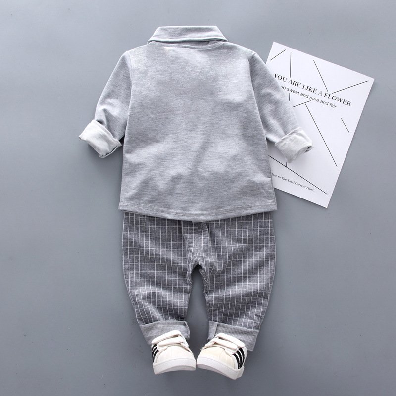Casual Two-Piece Set for Small and Medium Boys Spring New handsome Shirt Dress Solid Pattern Baby Clothes