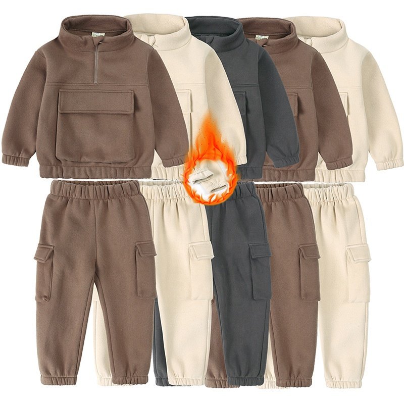 OEM school children unisex Boy clothing sets jogging tracksuits sets blank thick fleece autumn winter sweat suit for kids