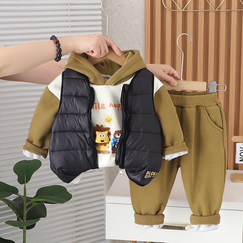 New Arrival Children's Winter 3pcs Suits Vest Coat and Hoodies and Pants Thickening Casual Boys Clothing Sets