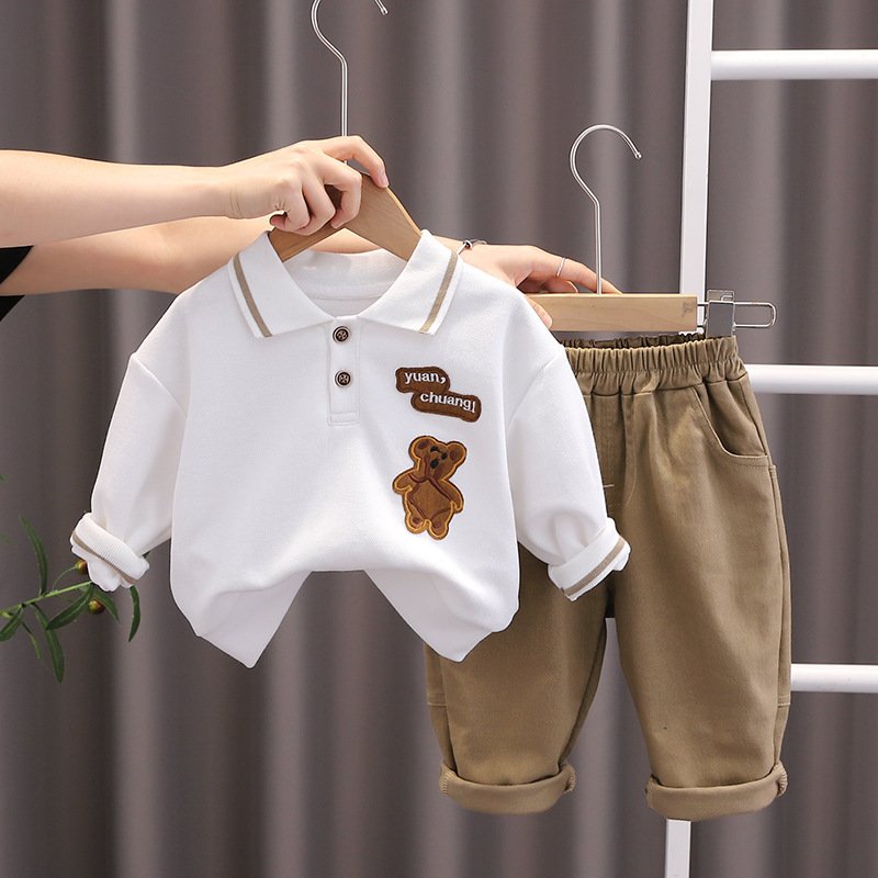 Autumn New Korean Leisure Two-Piece Set for Little Boys Casual Style with Bear Lapel and Plaid Pattern Foreign Style Clothes