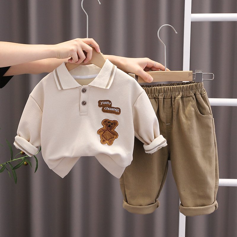 Autumn New Korean Leisure Two-Piece Set for Little Boys Casual Style with Bear Lapel and Plaid Pattern Foreign Style Clothes