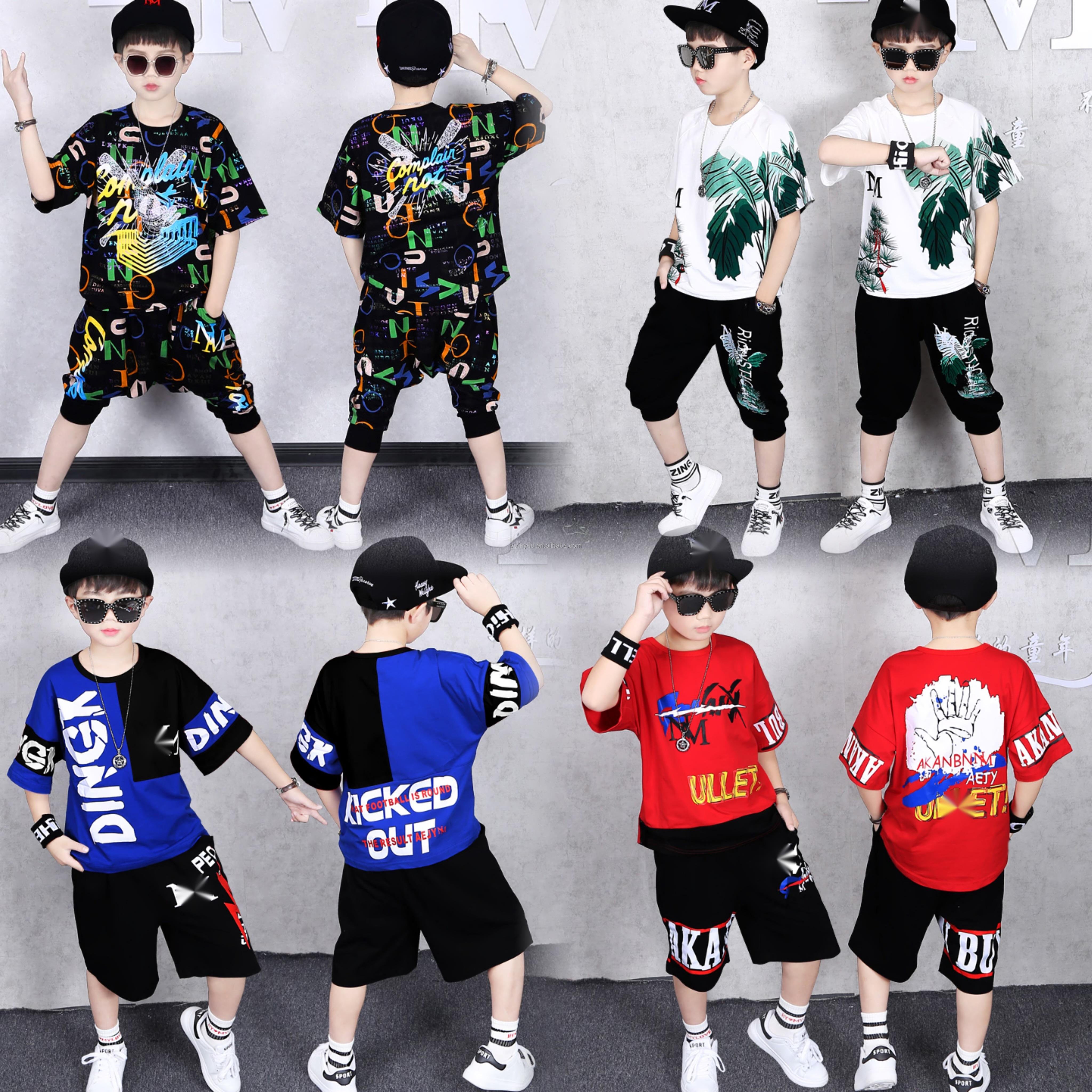 Boys Clothing Sets 100% Cotton Summer Letter Plaid Pocket T Shirt Shorts Set Kids Clothing Boy Clothing Sets