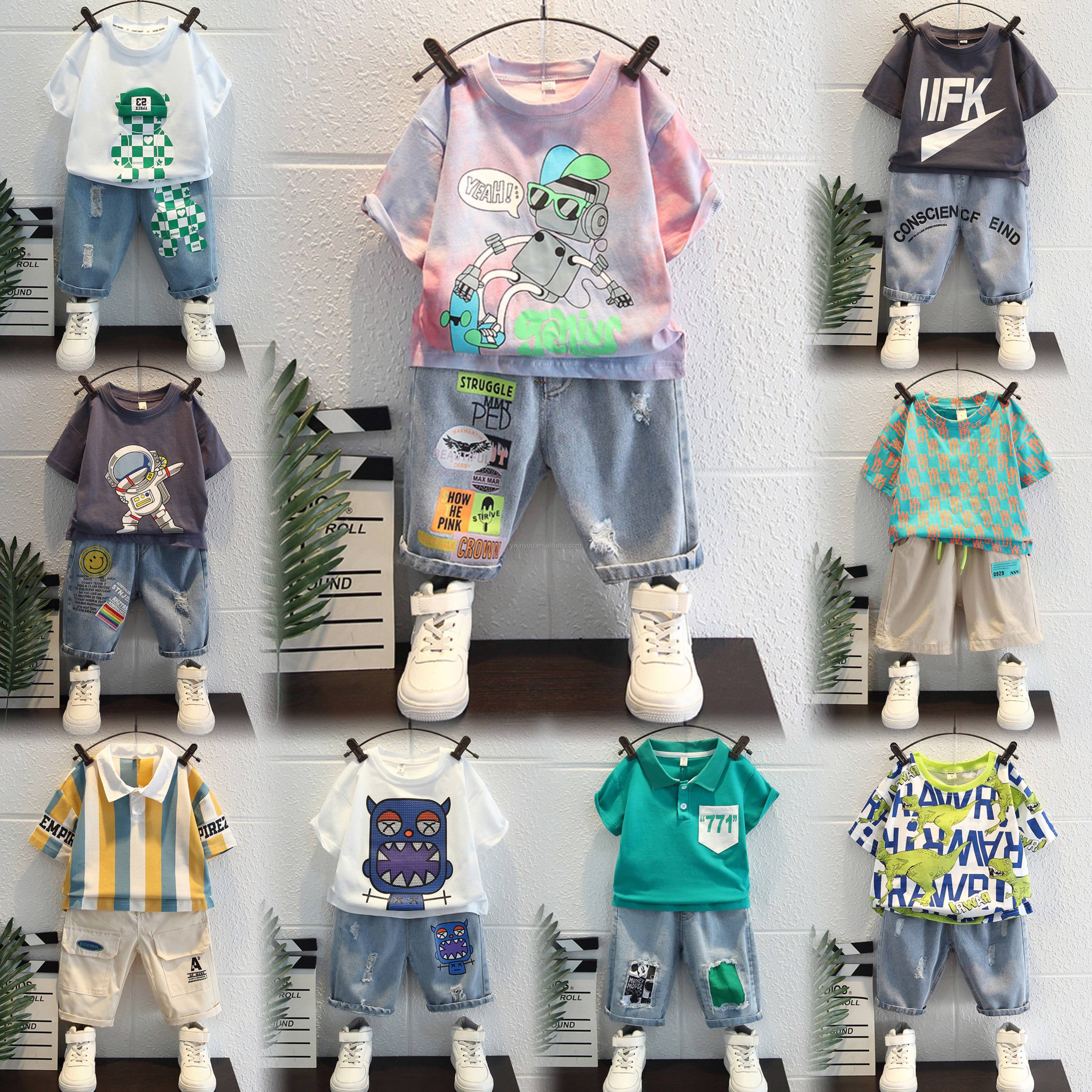 Boys Clothing Sets 100% Cotton Summer Letter Plaid Pocket T Shirt Shorts Set Kids Clothing Boy Clothing Sets