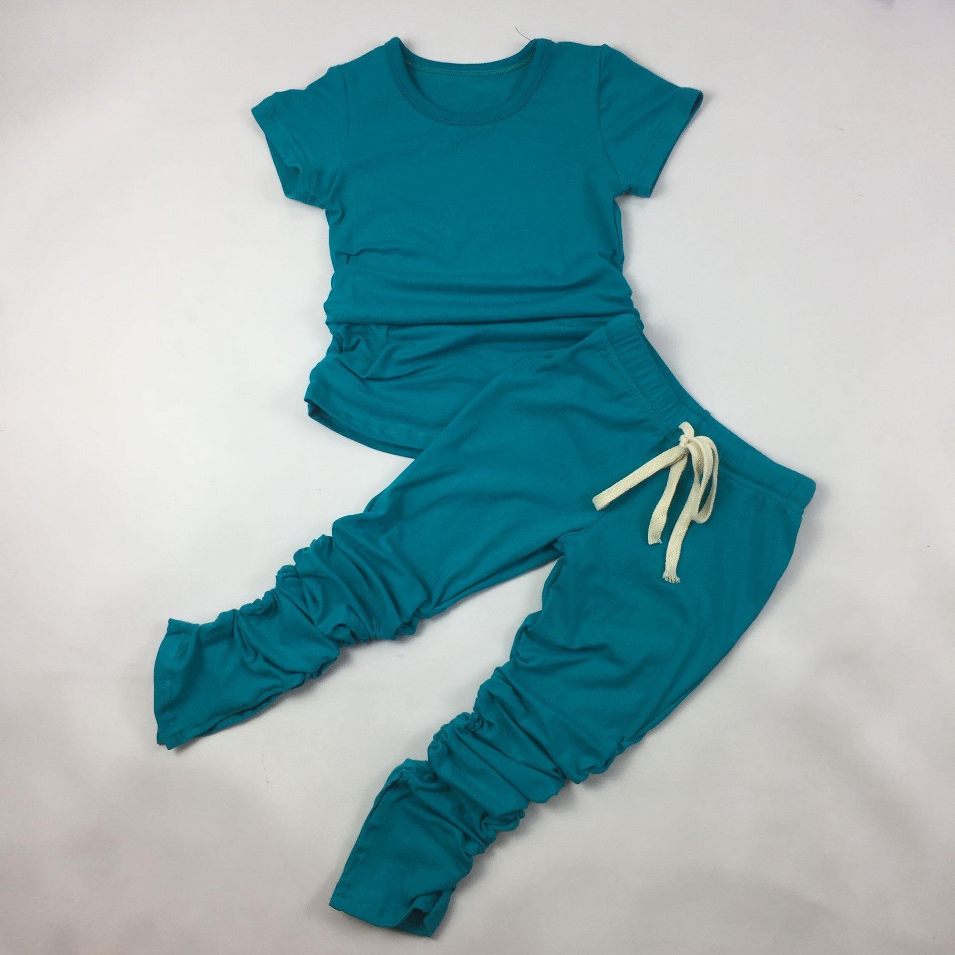 QL2020 Wholesale Fashion kid two piece cotton set 40 color solid top + stack leggings baby sportswear outfits kid boutique