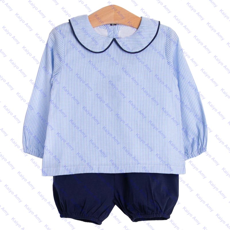 spring 2025 peter pan collar baby boys bloomer short set woven gingham kids boys clothing set