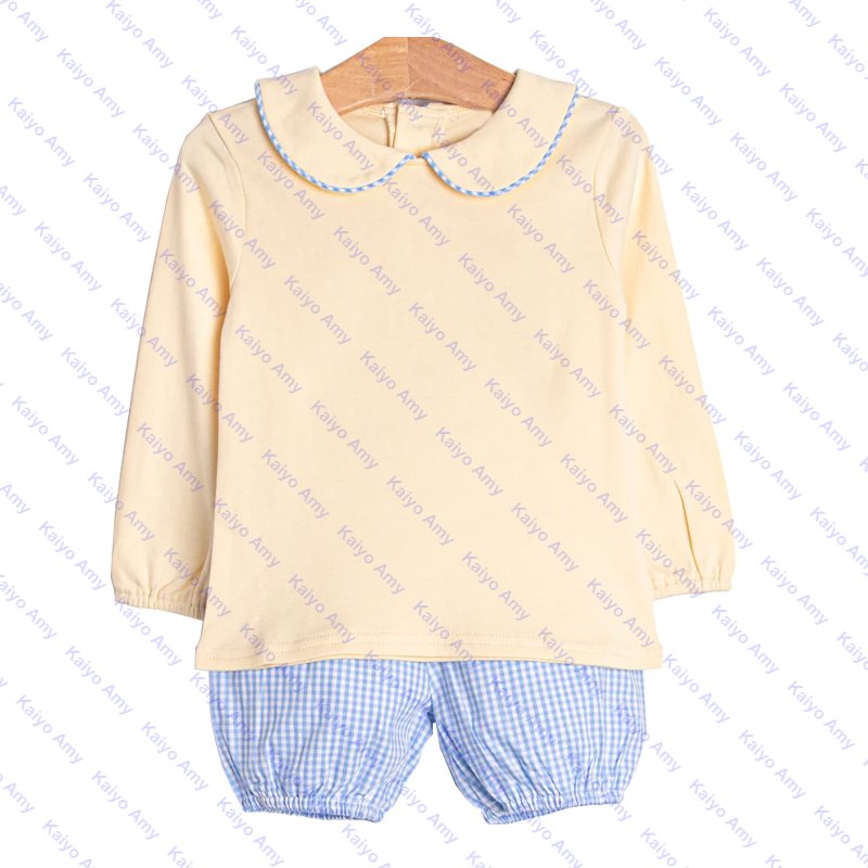 spring 2025 peter pan collar baby boys bloomer short set woven gingham kids boys clothing set