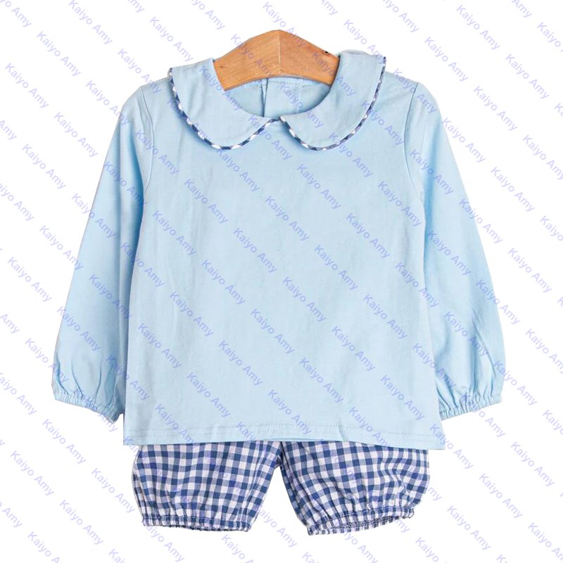 spring 2025 peter pan collar baby boys bloomer short set woven gingham kids boys clothing set