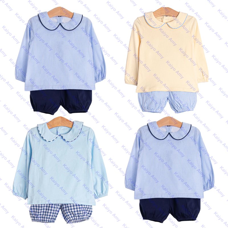 spring 2025 peter pan collar baby boys bloomer short set woven gingham kids boys clothing set