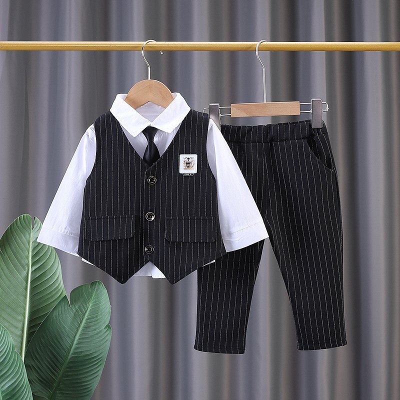 1-5 Years Old Korean Version Boys' Striped Suit Vest Dress Cotton Three-Piece Set with Tie Spring Wear Gift Box Clothing
