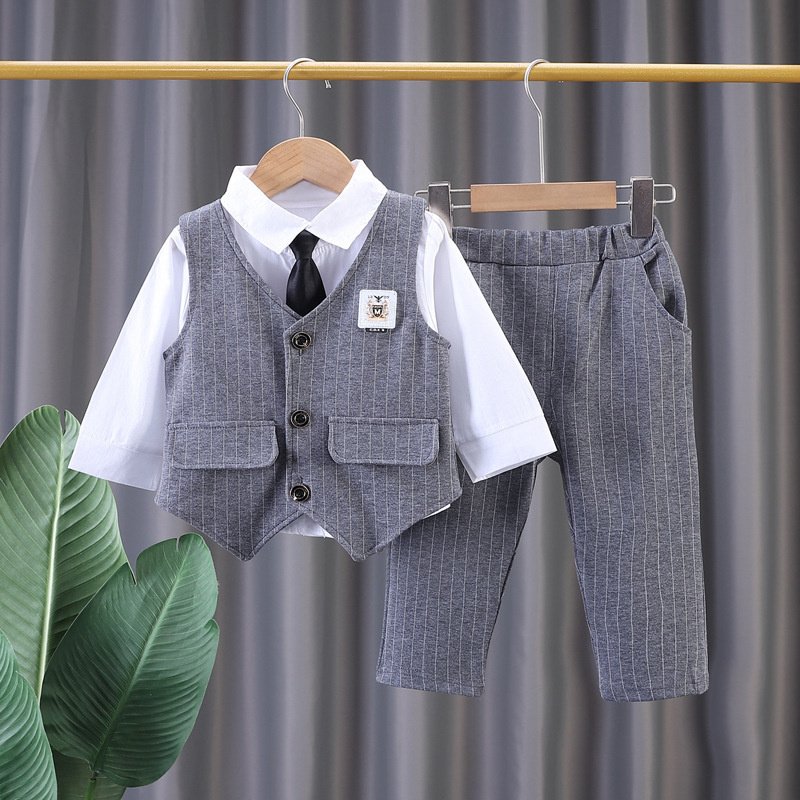 1-5 Years Old Korean Version Boys' Striped Suit Vest Dress Cotton Three-Piece Set with Tie Spring Wear Gift Box Clothing