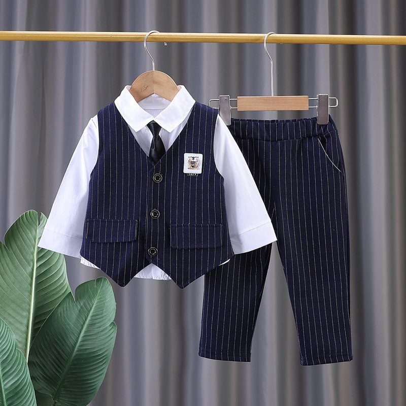 1-5 Years Old Korean Version Boys' Striped Suit Vest Dress Cotton Three-Piece Set with Tie Spring Wear Gift Box Clothing