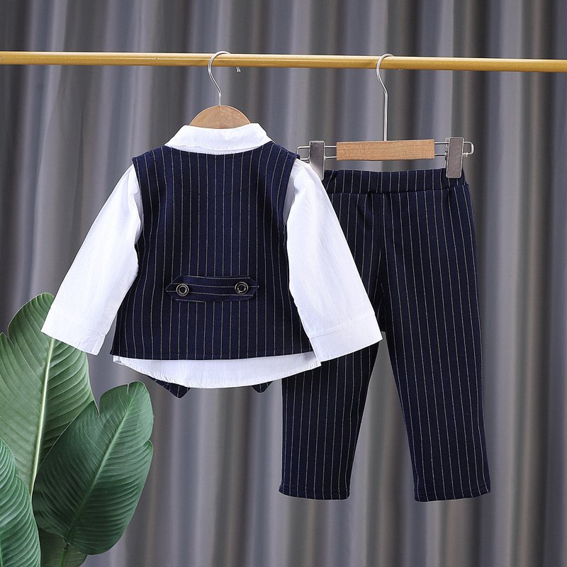 1-5 Years Old Korean Version Boys' Striped Suit Vest Dress Cotton Three-Piece Set with Tie Spring Wear Gift Box Clothing