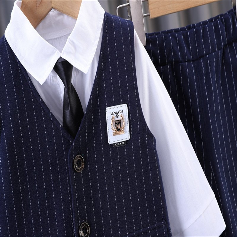 1-5 Years Old Korean Version Boys' Striped Suit Vest Dress Cotton Three-Piece Set with Tie Spring Wear Gift Box Clothing