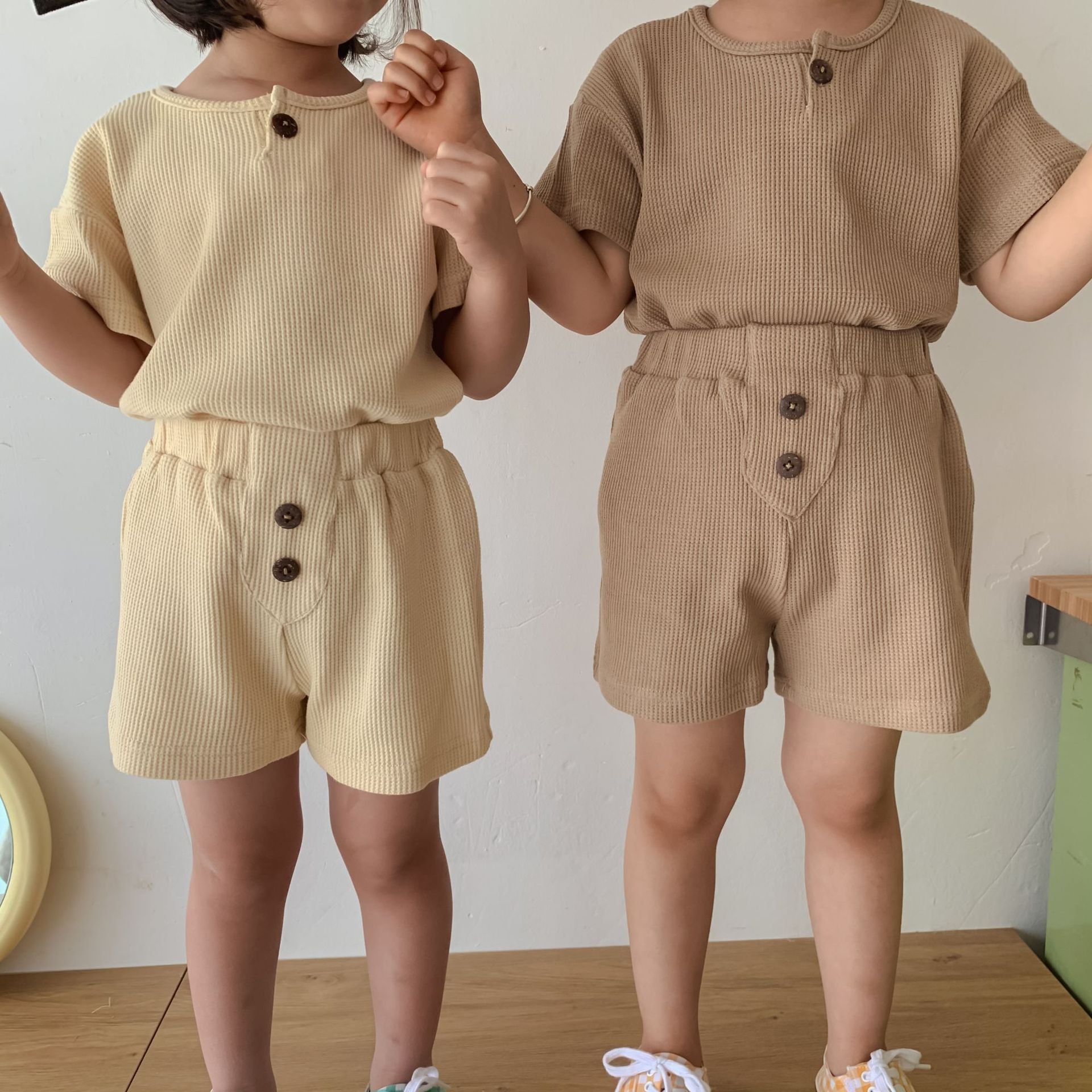 Boys Girls Clothing Sets Summer Solid Cotton Linen T-shirts+Elasctic Shorts Kids Clothes Casual Clothing Sets for Children