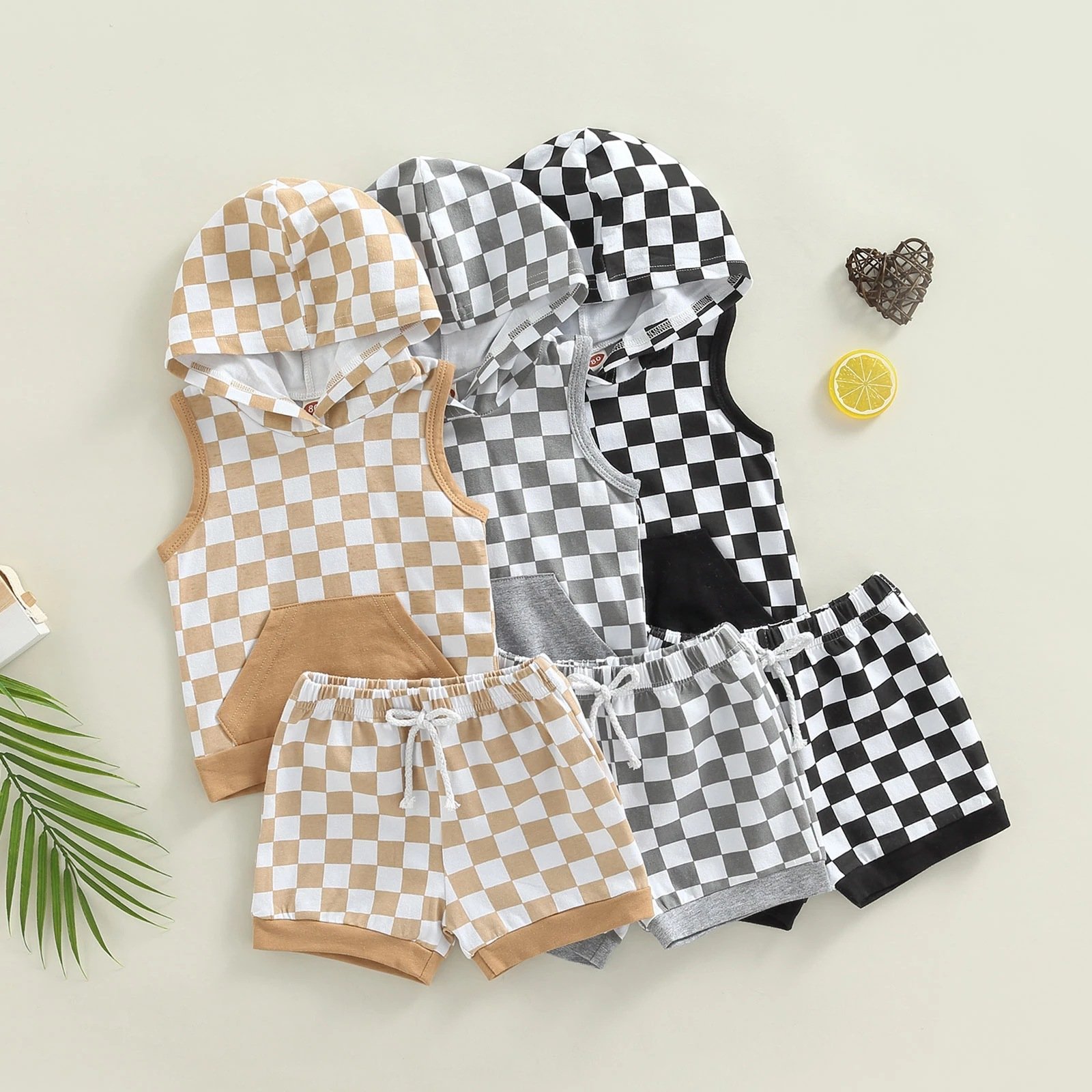 Infant Baby Boy Checkerboard Hoodie Shorts Sets Outfits for Kids Boy